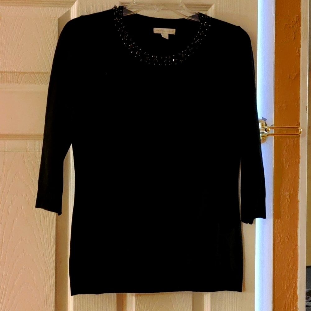 NY&C black 3/4 sleeve sweater with jewels around the neck line. Size Small.